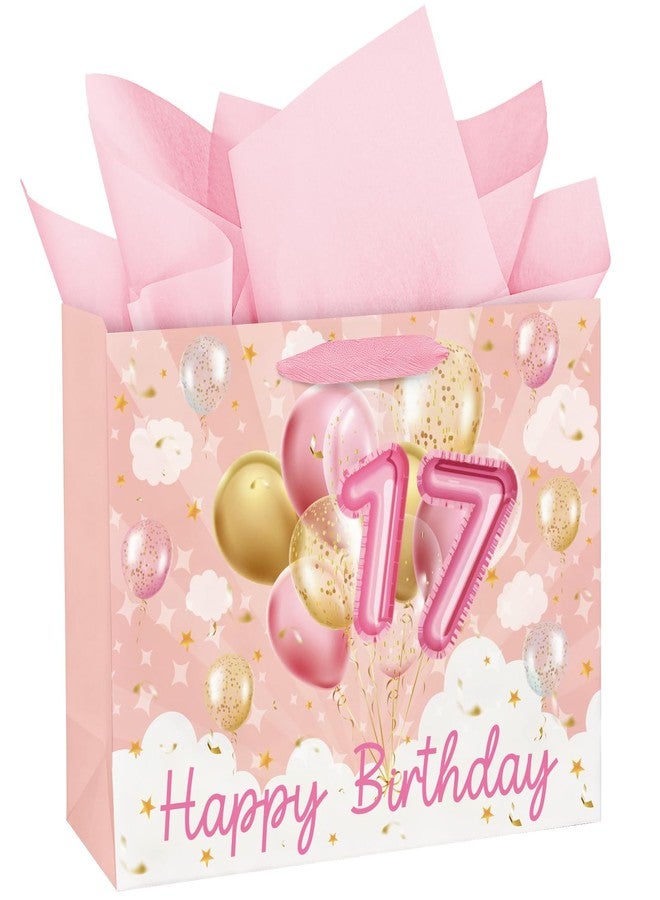 WRAPAHOLIC 13" 17th Birthday Gift Bags with Tissue Paper - 17 Year Old - Pink Gold Balloon Paper Bags for Girls Birthday Keepsake Party - Image 1